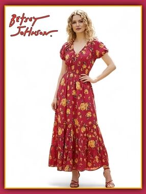 NEW Betsey Johnson Reddish Pink Color with Yellow Rose Print Maxi Dress size L